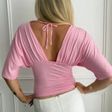 ANNA DEEP V DRAPED SLEEVE TOP IN PINK - scandivv