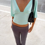 ANNA DEEP V DRAPED SLEEVE TOP IN AQUA - scandivv