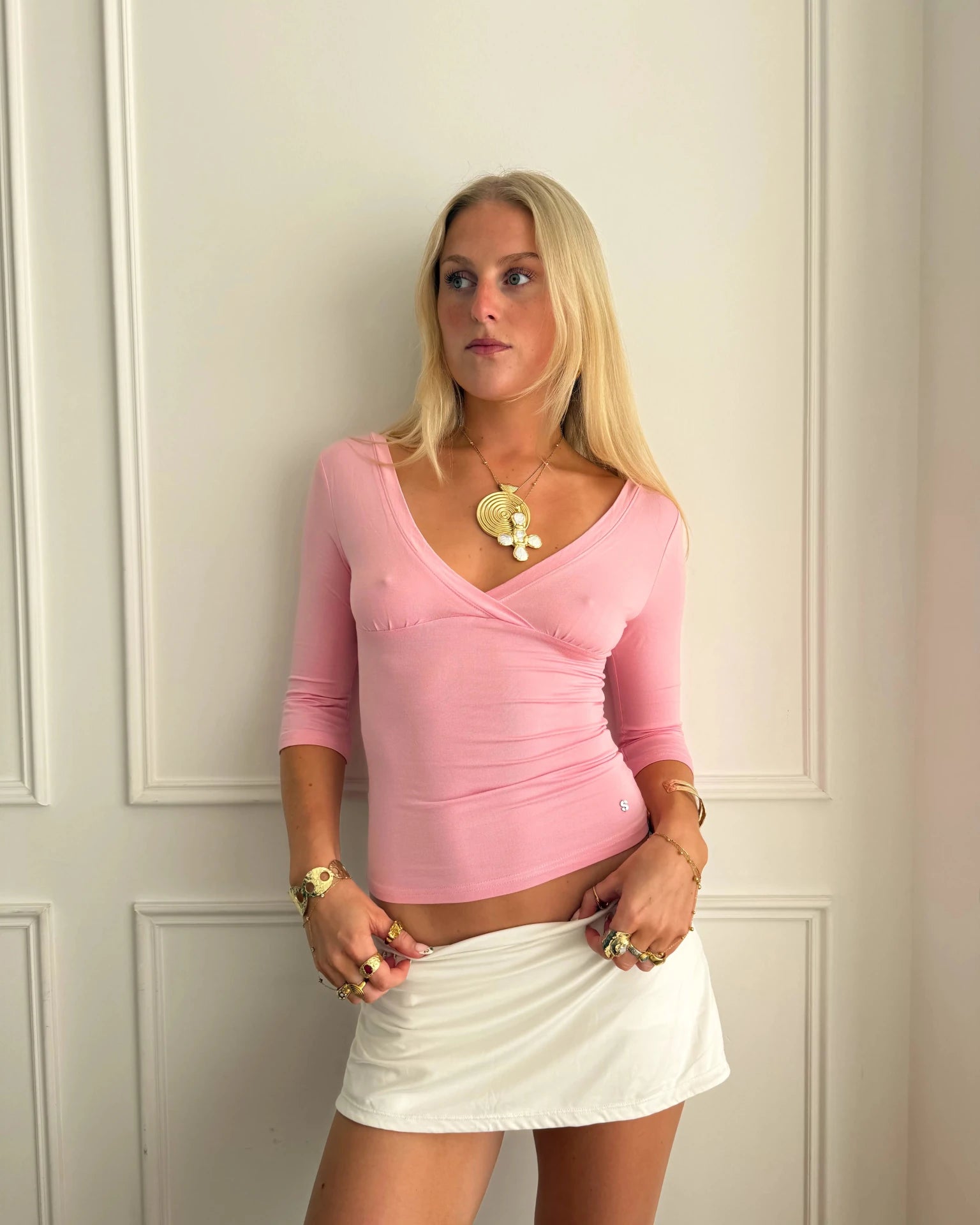 EDDA V - NECK 3/4 SLEEVE TOP IN PINK - scandivv