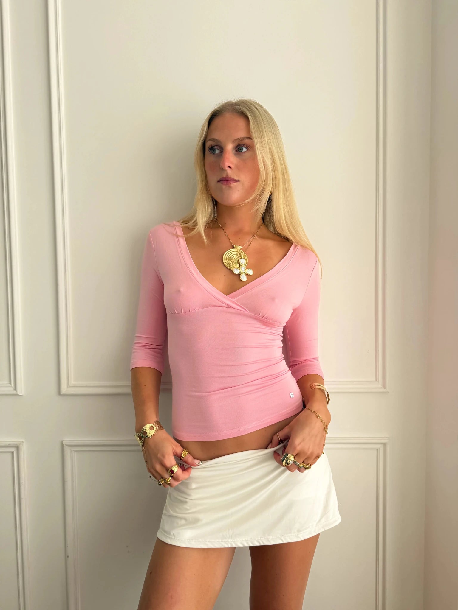 EDDA V - NECK 3/4 SLEEVE TOP IN PINK - scandivv