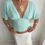 ANNA DEEP V DRAPED SLEEVE TOP IN AQUA - scandivv